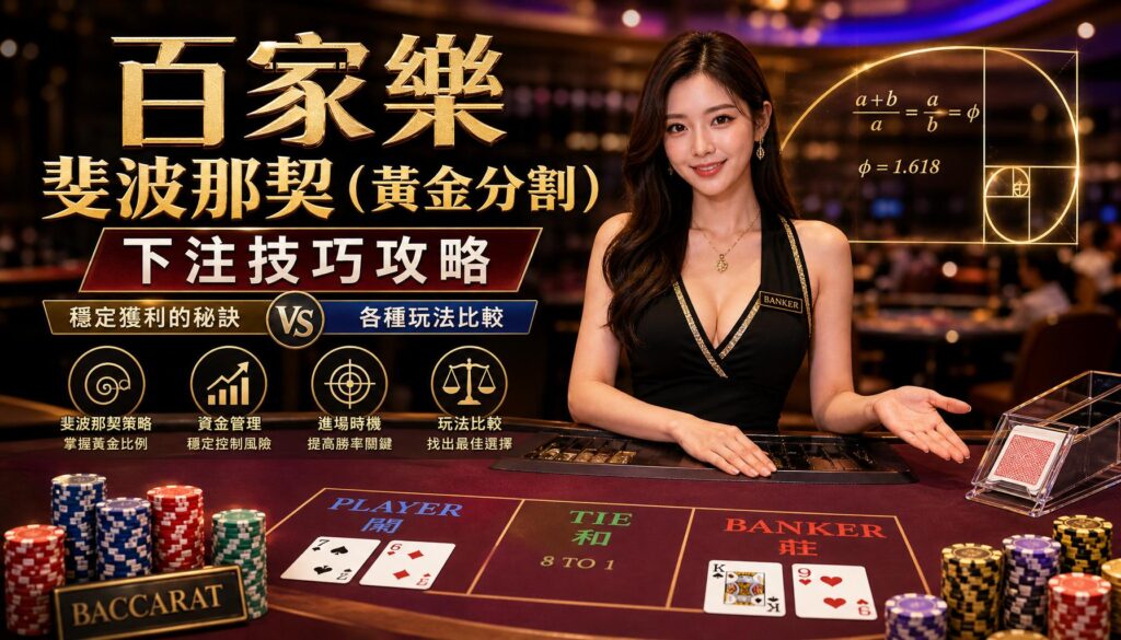 A female casino dealer in a black outfit sits at a baccarat table with chips and cards, promotional gold text in Chinese across the background.